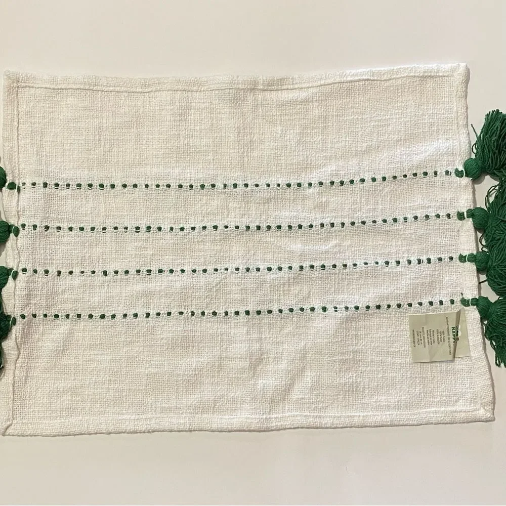 H is For Happy Green Woven Stripe And Tassel Boho Placemats Set Of Two